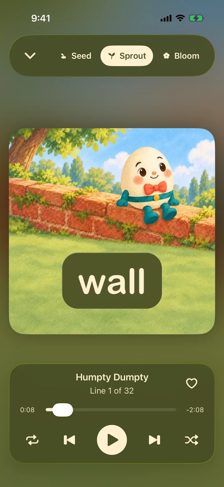 The player with its controls showing: Seed, Sprout, and Bloom at the top, the picture, and play, skip, repeat, and shuffle below